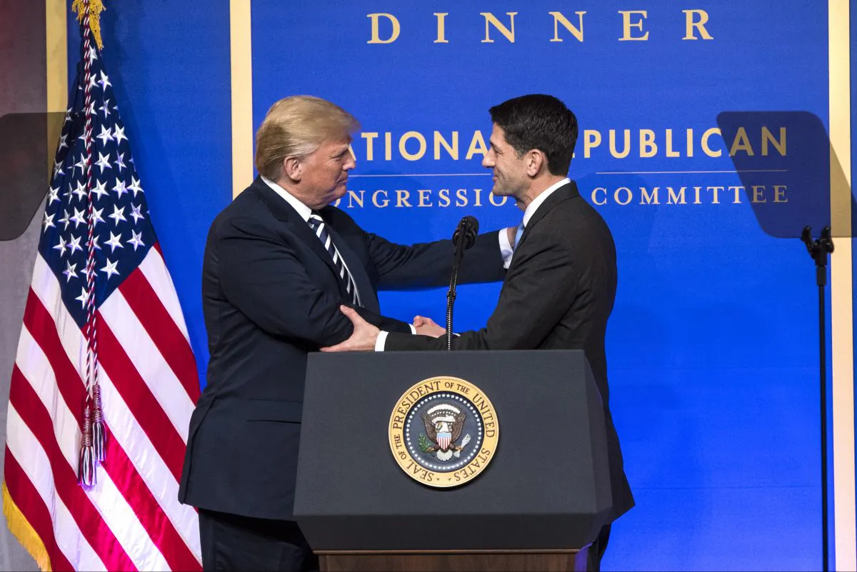 President Donald Trump greets Speaker of the House Paul Ryan during the National Republican Congressional Committee March Dinner at the National Building Museum in Washington on March 20, 2018. (Mandel Ngan/AFP/Getty Images)