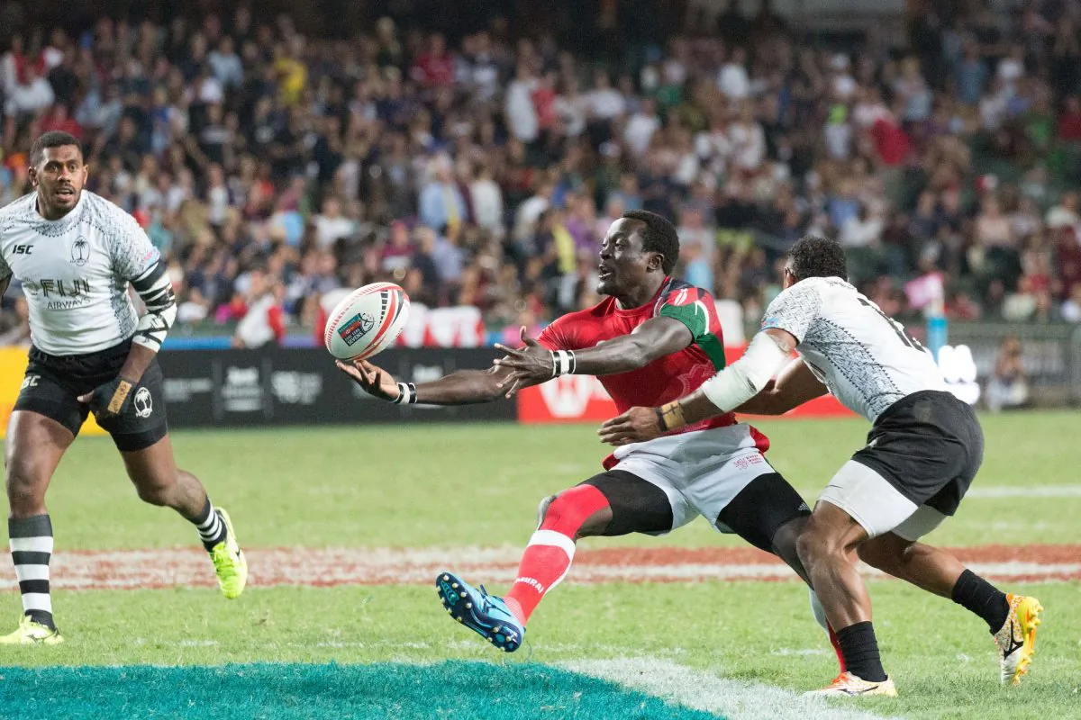 Kenya (red shirts) and Fiji in the final of the Hong Kong Rugby Sevens 2018, at Hong Kong Stadium on Sunday April 8. Fiji won a tightly contested match24-17 to take their fourth consecutive Hong Kong Sevens title. (Dan Marchant)
