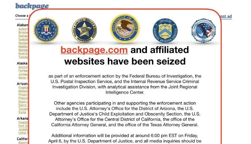 This screen grab image obtained April 9, 2018, shows backpage.com and affiliated websites that have been seized by the FBI in Washington, D.C. (-/AFP/Getty Images)