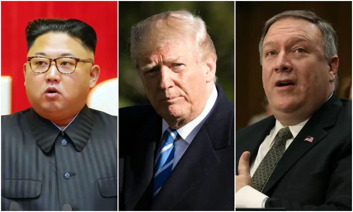 North Korean dictator Kim Jong Un; U.S. President Donald Trump; and U.S. Secretary of State Mike Pompeo. (KCNA; Samira Bouaou/The Epoch Times; Mark Wilson/Getty Images)