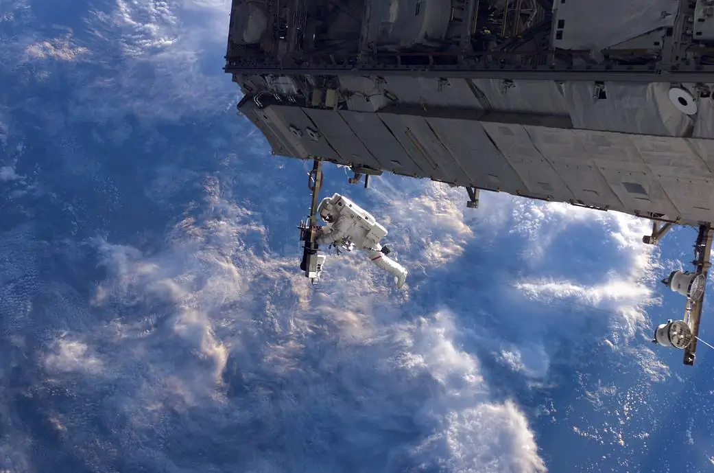NASA astronaut Robert Curbeam works on the International Space Station's S1 truss during the space shuttle Discovery's STS-116 mission in December 2006. (NASA)