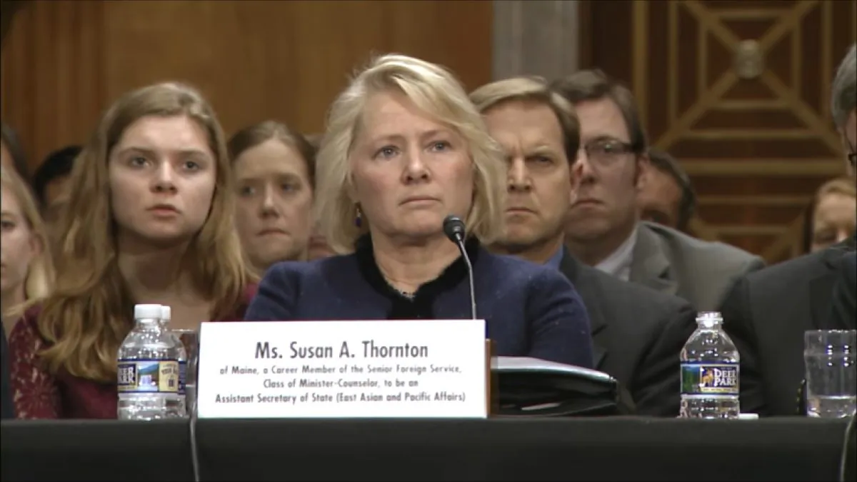 Susan Thornton (C), the acting assistant secretary for East Asian and Pacific affairs at the U.S. State Department, testified in her nomination hearing on Feb. 14 at the Dirksen Senate Office Building. (Screenshot via Senate hearing video)