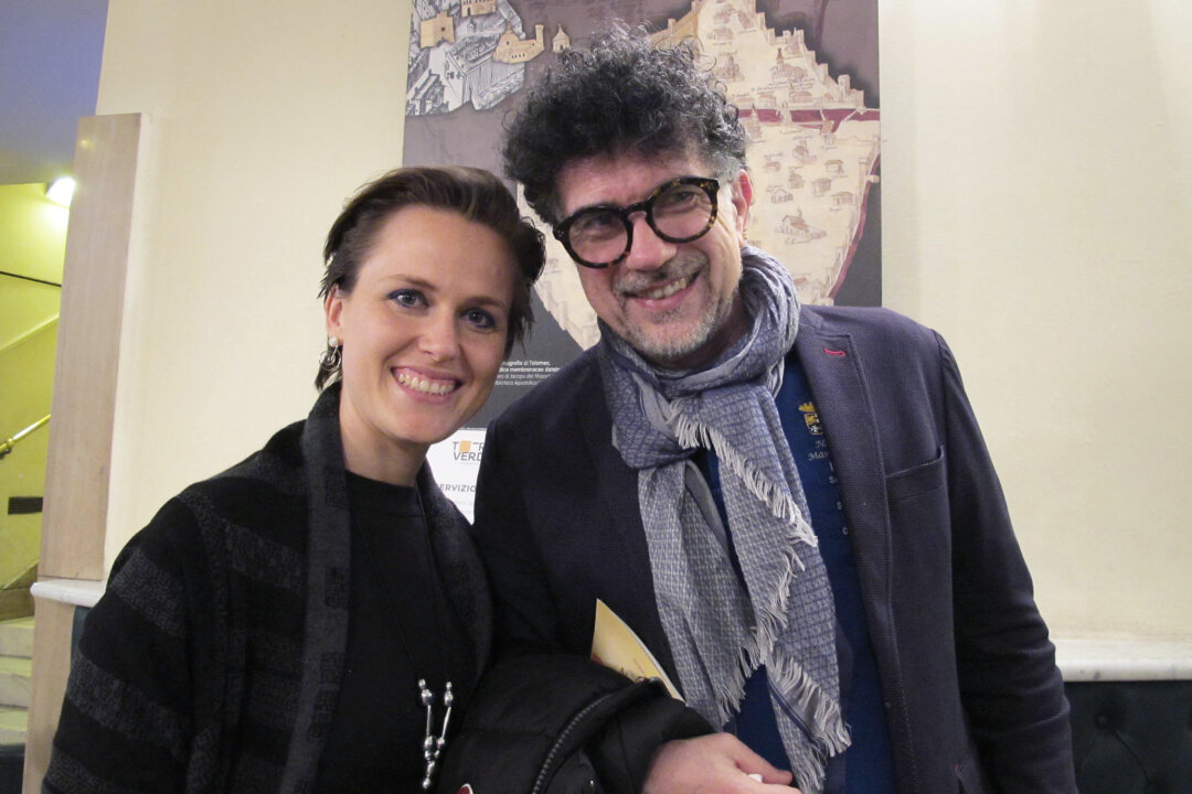 Marco Falagiani, a prominent Italian musician and composer of the soundtrack for the Academy Award-winning movie "Mediterraneo," and his wife Valentina Galasso, a vocalist and piano player, enjoyed the Shen Yun performance at the Teatro Verdi in Florence, Italy, on April 19, 2018. The couple said they could feel the divinity in the performance. "I felt the spirit entering my body," said Ms. Galasso. "You can see how they are very united and fluid, and also spiritual." (Mary Mann/The Epoch Times)