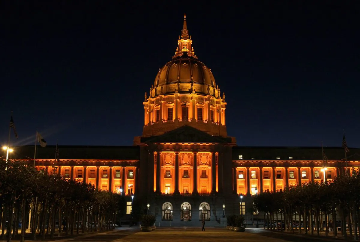 San Francisco city hall is seen illuminated with orange lights in honor of the San Francisco Giants winning the major league baseball National League Championship and advancing to the World Series on October 25, 2010 in San Francisco, California. Ritchie Greenberg seeks to serve as San Francisco’s mayor, should the voters choose him in a special election on June 5, 2018. (Justin Sullivan/Getty Images)