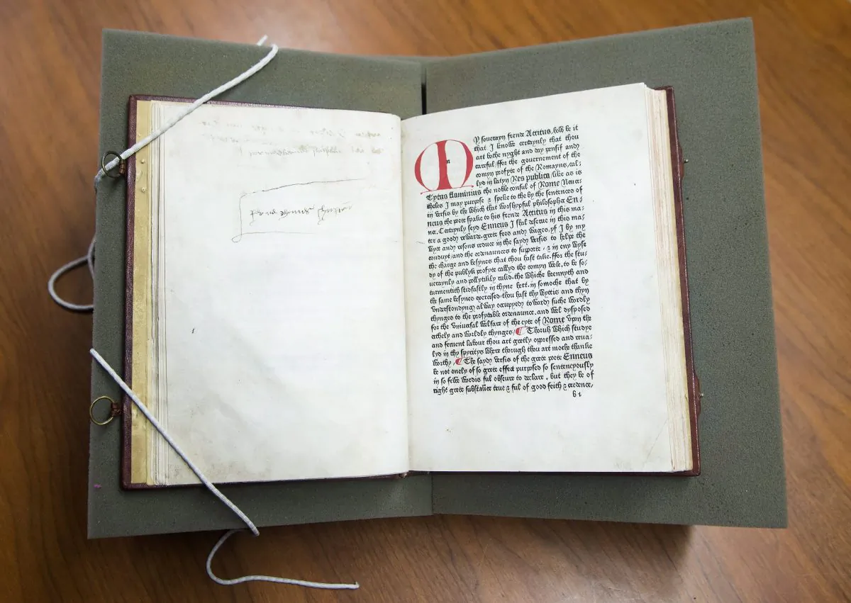 William Caxton's 1481 printing of Cicero, which is Canada's oldest printed book in English, is shown at the University of Toronto's Thomas Fisher Rare Book Library in Toronto on April 20, 2018. (The Canadian Press/Nathan Denette)
