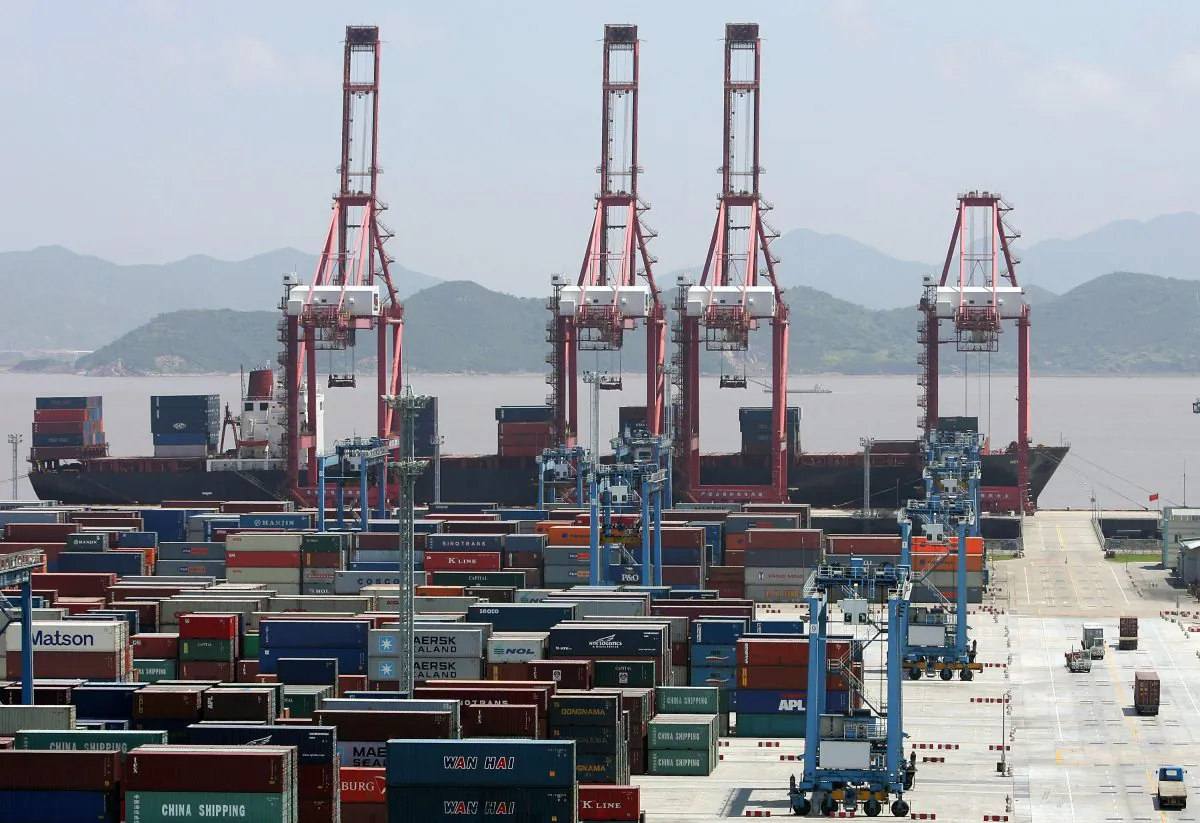 The Ningbo Port, a major storage and transshipment base for crude oil, iron ore, containers, and liquid chemical products, in Ningbo City, Zhejiang Province, China, on June 9, 2005. (Guang Niu/Getty Images)