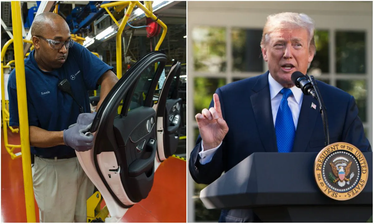 L: An employee at the Mercedes-Benz US International factory in Vance, Ala., on June 8, 2017. (Andrew Caballero-Reynolds/AFP/Getty Images); R: President Donald Trump in the Rose Garden of the White House in Washington, D.C., on Nov. 2, 2017. (Samira Bouaou/The Epoch Times)