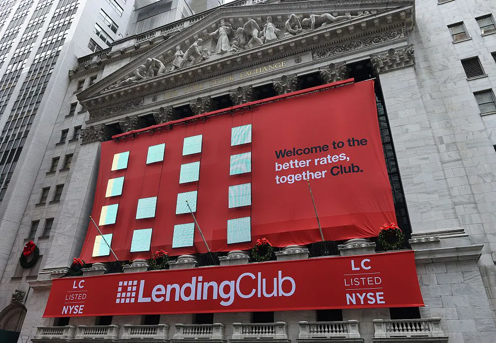 Lending Club banners hang on the facade of the New York Stock Exchange for it's IPO in New York, on Dec. 11, 2014. Lending Club's stock plunged after FTC's announcement on Apr. 25. (DON EMMERT/AFP/Getty Images)