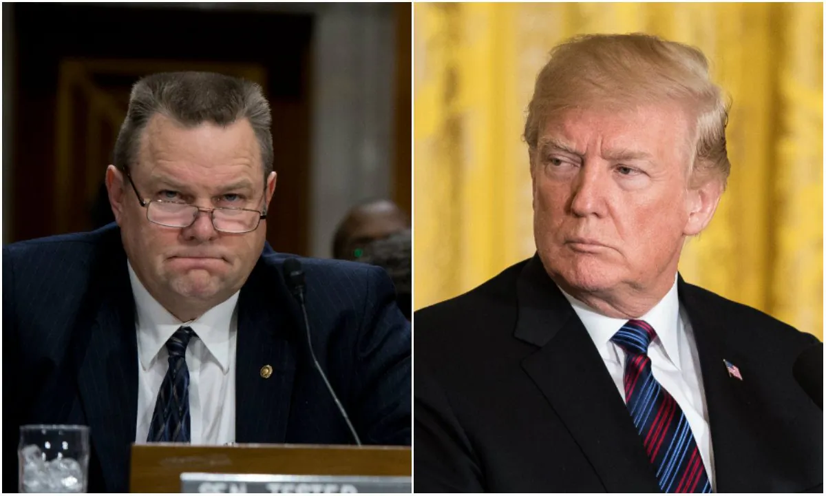 L: Senator Jon Tester on Capitol Hill in Washington, DC, on Jan. 28, 2014. (Nicholas Kamm/AFP/Getty Images): R: President Donald Trump in the East Room of the White House in Washington on April 3, 2018. (Samira Bouaou/The Epoch Times)
