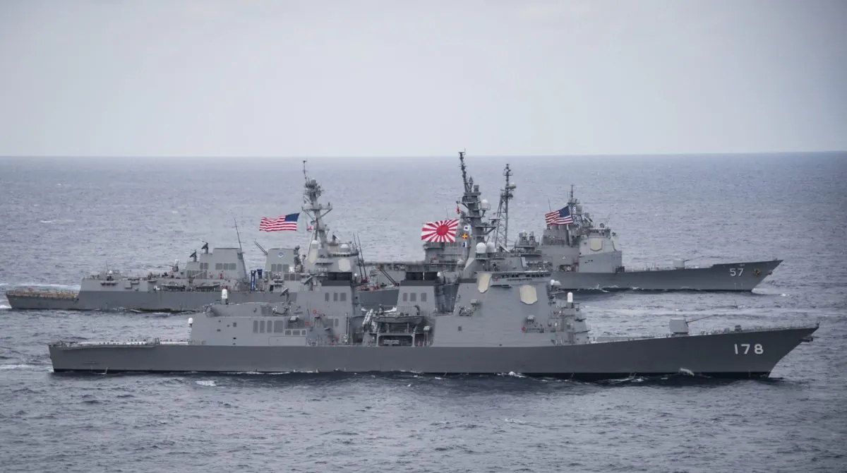Japan Maritime Self-Defense Force destroyer JS Ashigara (DDG 178), foreground, the Arleigh Burke-class destroyer USS Wayne E. Meyer (DDG 108) and the Ticonderoga-class cruiser USS Lake Champlain (CG 57) transit the Philippine Sea on April 28, 2017. (U.S. Navy photo by Mass Communication Specialist 2nd Class Z.A. Landers)
