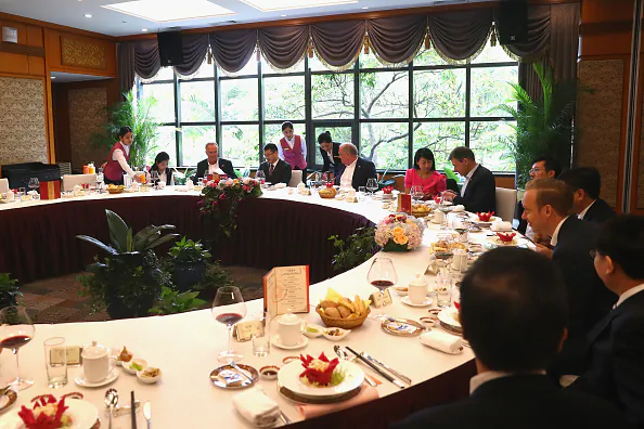 Dinner invited by Zhang Hu, the executive vice mayor of Shenzhen, after the FC Bayern Football School Shenzen press conference at Wuzhou Guest House in Shenzen, China, on July 22, 2017. (Alexander Hassenstein/Bongarts/Getty Images)
