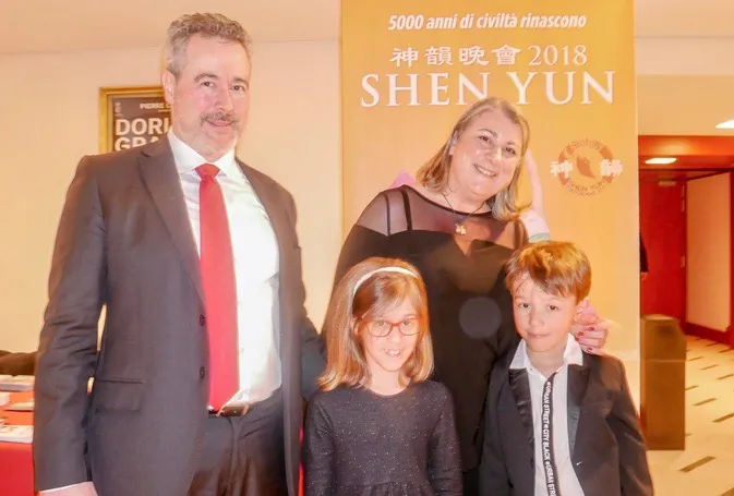 Katia Cometto, managing director of international real estate company Engel & Völkers, and her husband Enrico Ceresole, an engineer, enjoyed Shen Yun Performing Arts with their children at Teatro degli Arcimboldi in Milan on April 22, 2018. (The Epoch Times)