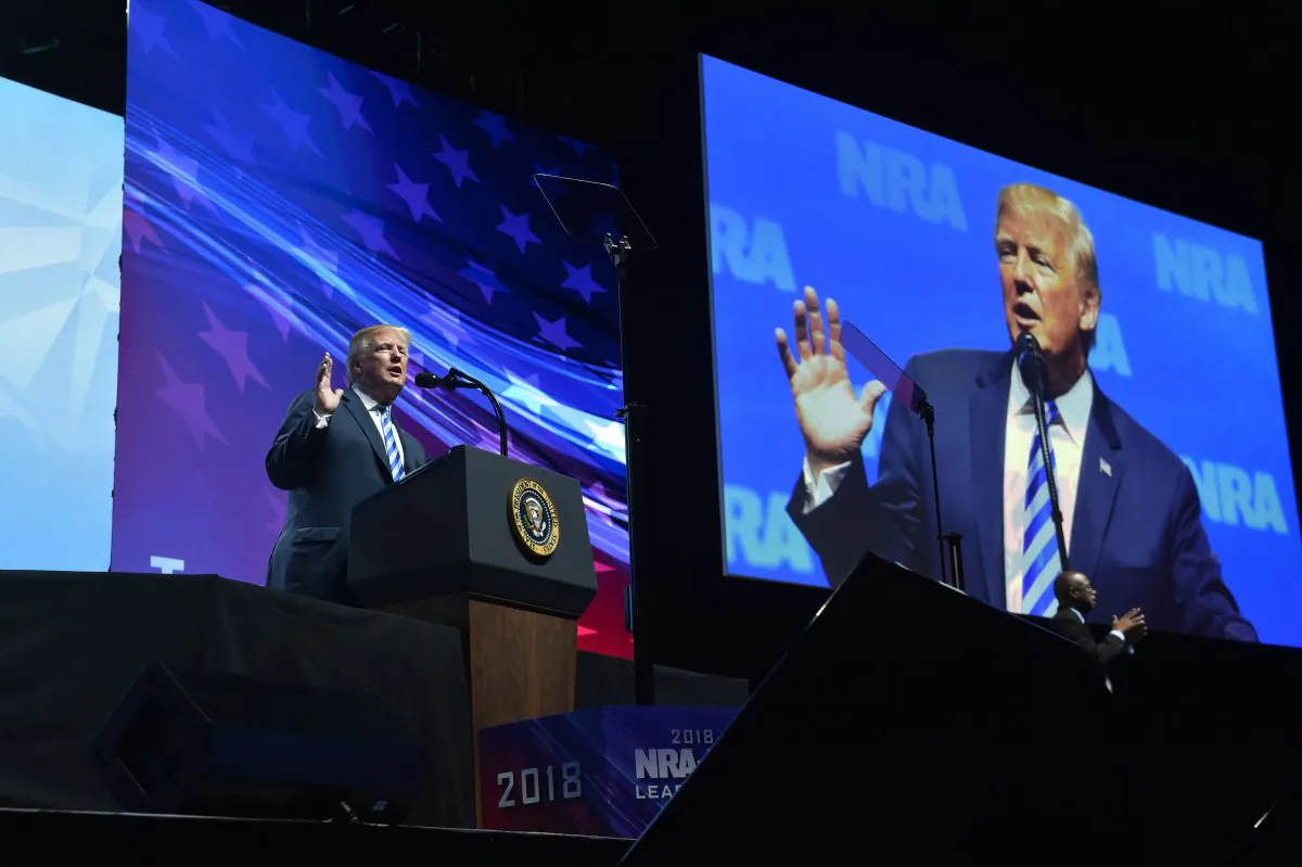 President Donald Trump speaks at the NRA-ILA Leadership Forum during the NRA Annual Meeting at the Kay Bailey Hutchison Convention Center in Dallas, Tex., on May 4, 2018. (Nicholas Kamm/AFP/Getty Images)