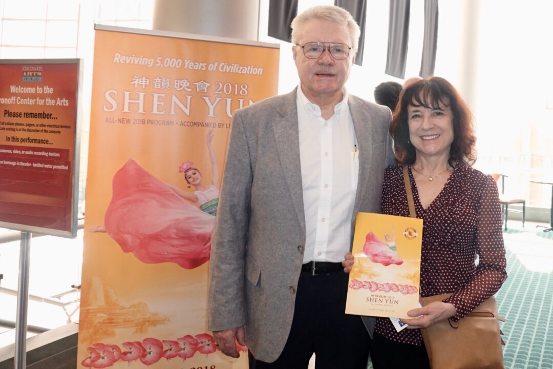Phil and Maria Madson attended the Shen Yun performance at the Aronoff Center for the Arts in Cincinnati, Ohio, on May 6, 2018. “I love this,” Mrs. Madson said. “What I love the most was the message, the message that it gave to all of us: the hope and love and understanding. … To me, besides the beautiful costumes and beautiful singing and dancing, the message of love and going back to God, and the values, that to me that impressed me the most.” (Valerie Avore/The Epoch Times)