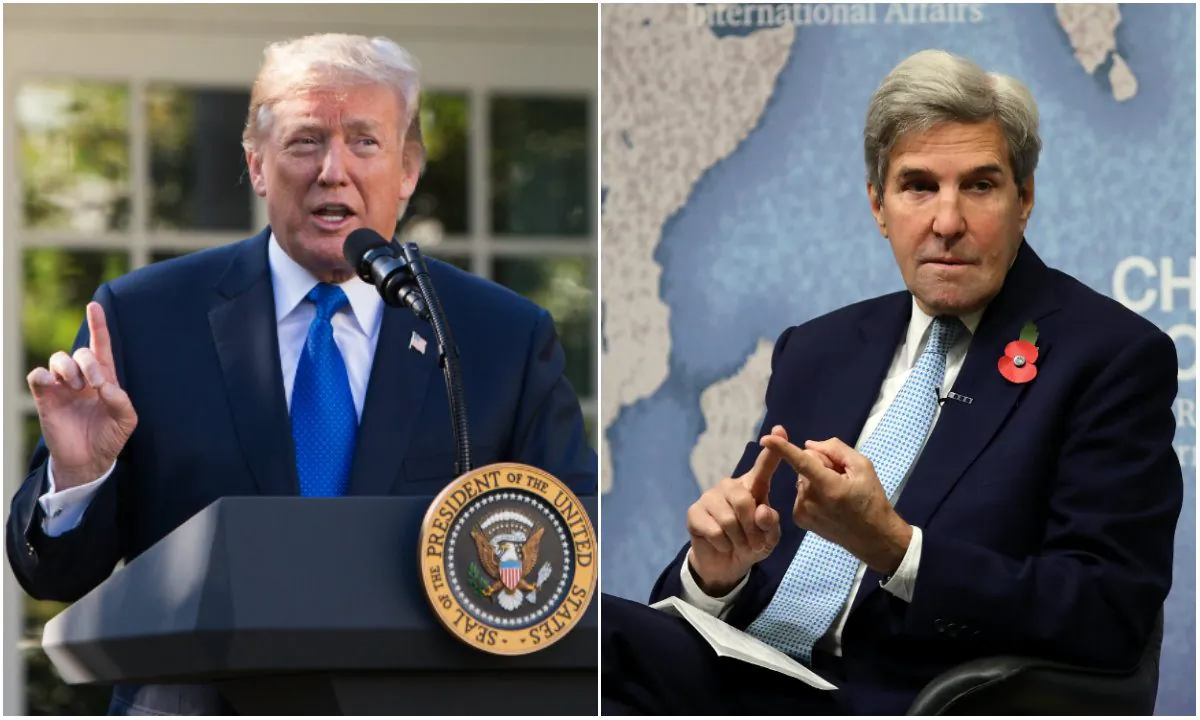(Left) President Donald Trump in the Rose Garden of the White House on Nov. 2, 2017. (Right) Former U.S. Secretary of State John Kerry at Chatham House in London, England, on Nov. 6, 2017. (Samira Bouaou/The Epoch Times; Dan Kitwood/Getty Images)