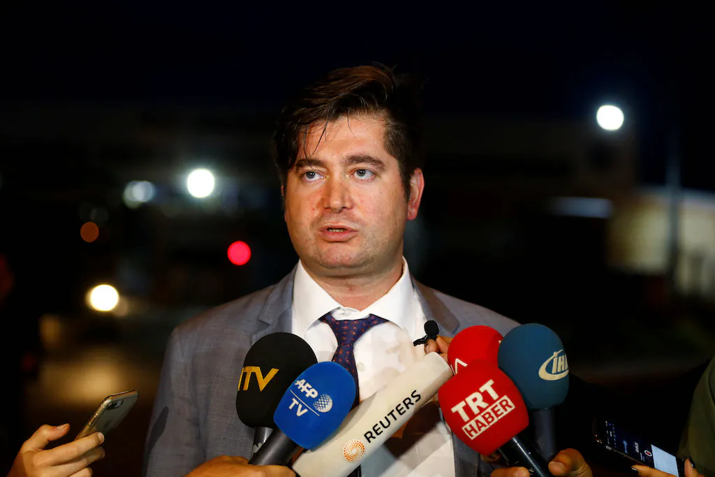 Ismail Cem Halavurt, lawyer of the jailed pastor Andrew Brunson, talks to media outside the Aliaga Prison and Courthouse complex in Izmir, Turkey May 7, 2018. (REUTERS/Osman Orsal)