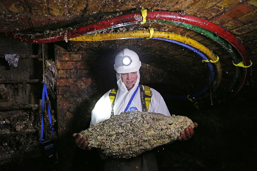 Tim Henderson, a "flusher" or trunk sewer technician holds a "fatberg" as he works in the intersection of the Regent Street and Victoria sewer in London on Dec. 11, 2014. (Adrian Dennis/AFP/Getty Images)