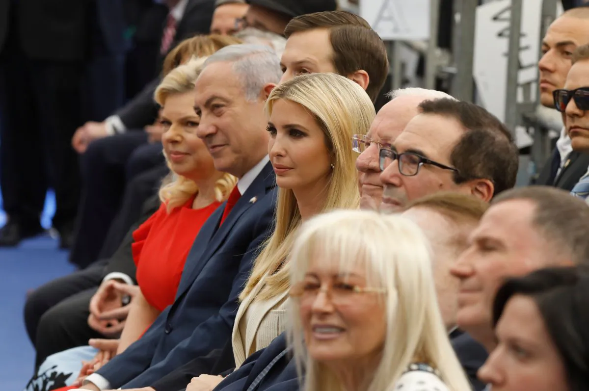 Israel's Prime Minister Benjamin Netanyahu (2nd L), his wife Sara Netanyahu (L), Senior White House Advisor Jared Kushner (3rd L), US President's daughter Ivanka Trump, US Treasury Secretary Steve Mnuchin and US ambassador to Israel David Friedman attend the oepning of the US embassy in Jerusalem on May 14, 2018. (MENAHEM KAHANA/AFP/Getty Images)