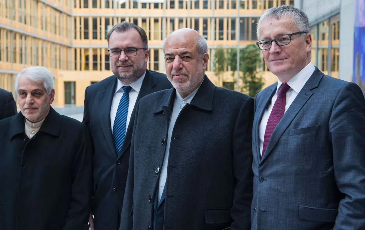 (From L) Iran's ambassador to Germany Ali Majedi, Chairman of Germany's North Africa and Middle East Initiative (NMI) Siegfried Russwurm, Iran's Minister of Energy Hamid Chitchian, and German state secretary in the foreign ministry Stephan Steinlein pose for photographers before opening the German-Iranian Business Forum in Berlin on March 3, 2016. (John Macdougall/AFP/Getty Images)
