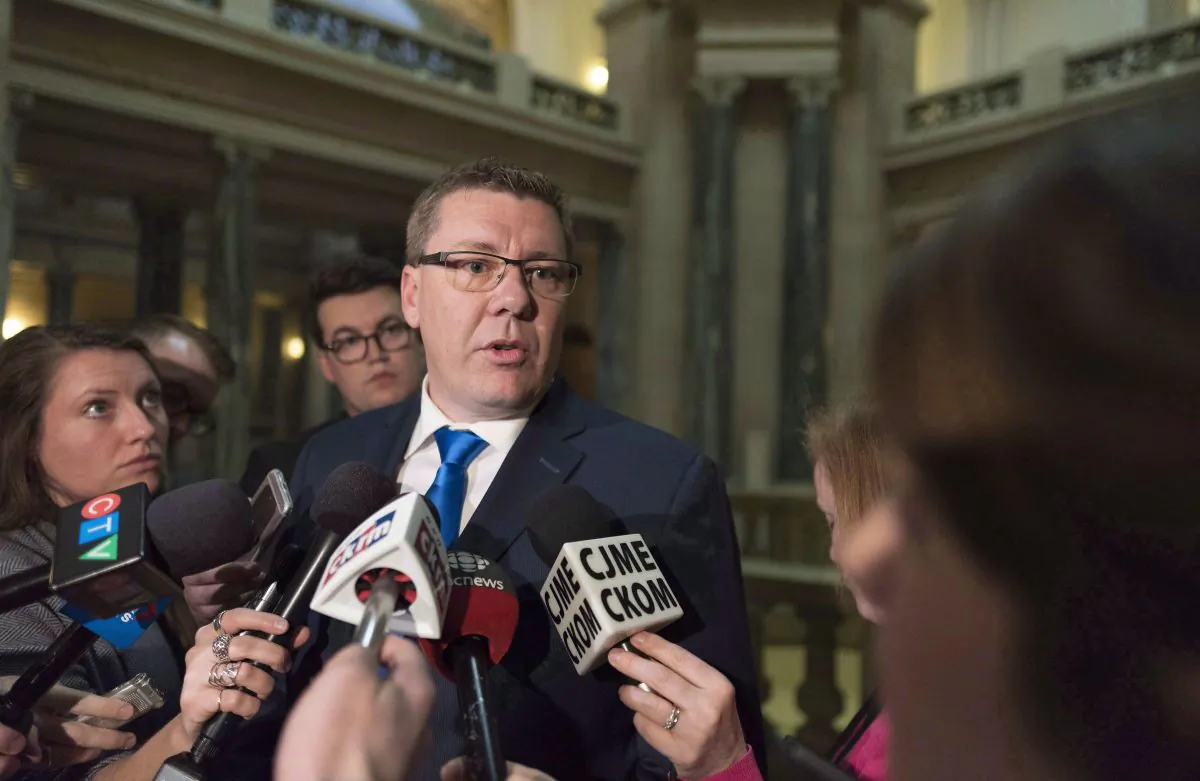 Saskatchewan Premier Scott Moe speaks to media at the Legislative Building in Regina on March 9, 2018. (The Canadian Press/Michael Bell)