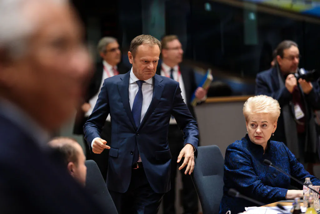 President of the European Council Donald Tusk (C) arrives as President of Lithuania Dalia Grybauskaite attends the March 23 in Brussels, Belgium. (Jack Taylor/Getty Images)
