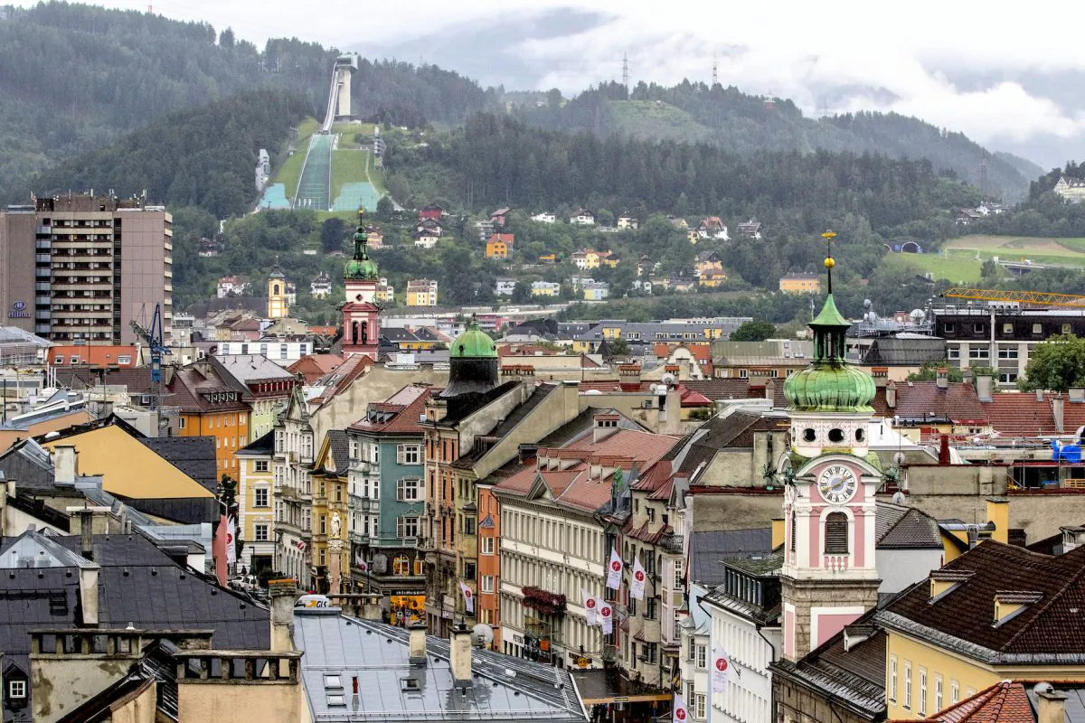Innsbruck’s Old Town against a backdrop of the mountains with the Bergiesel Ski Jump in the distance. (Mohammad Reza Amirinia)