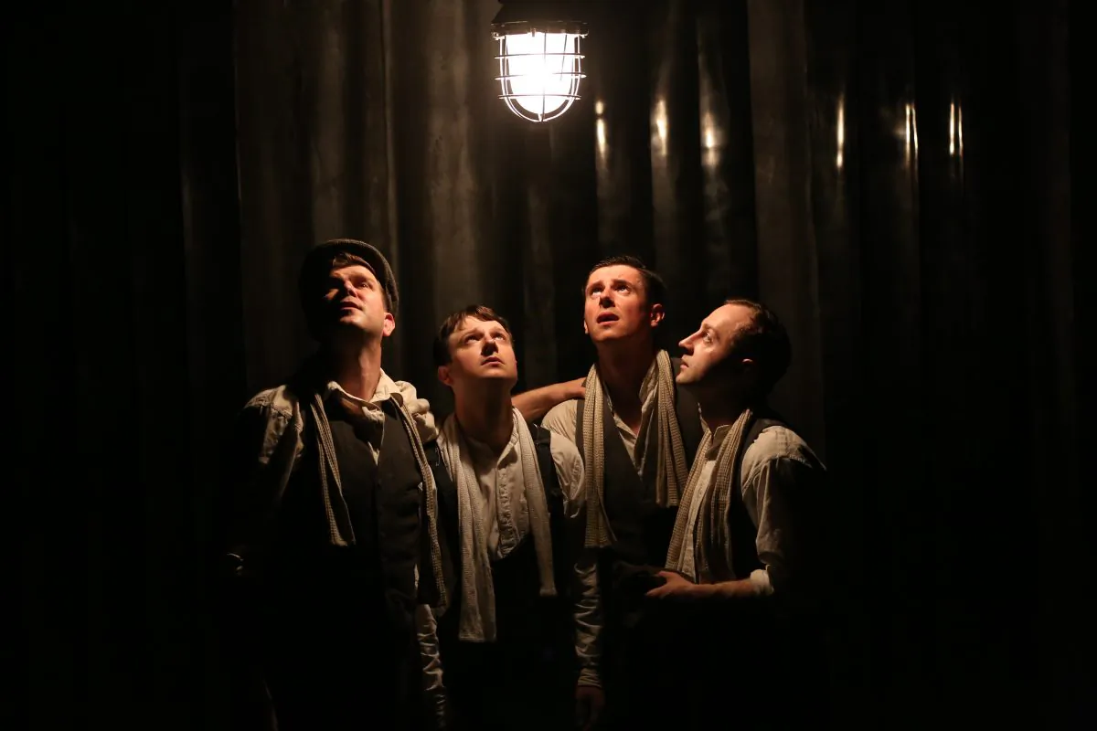 (L–R) Kieran Knowles, Salvatore D’Aquilla, James Wallwork, Christopher McCurry in “Operation Crucible.” (Carol Rosegg)
