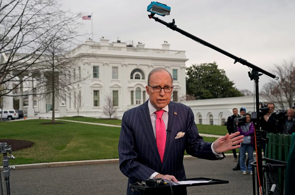 President Donald Trump's economic adviser Larry Kudlow is interviewed outside the White House in Washington on April 6, 2018. (Kevin Lamarque/Reuters)