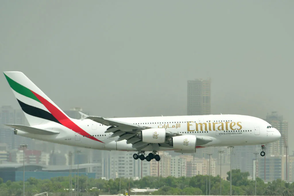 An Airbus A380 of Emirates landing at the tarmac at Dubai's International Airport, on Sept. 14, 2017. (GIUSEPPE CACACE/AFP/Getty Images)
