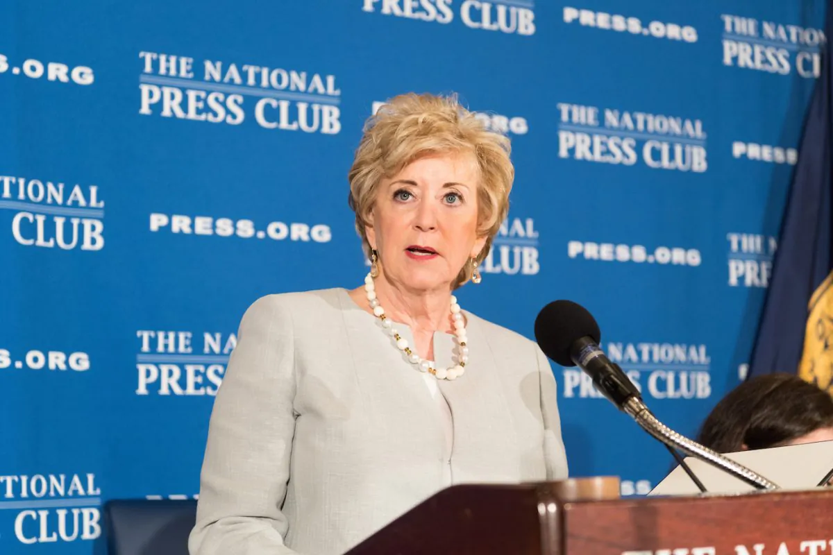 Linda McMahon, the 25th Administrator of the U.S. Small Business Administration, discusses the state of America’s small businesses at a National Press Club headliners luncheon, on May 17. (Noel St. John/The National Press Club)