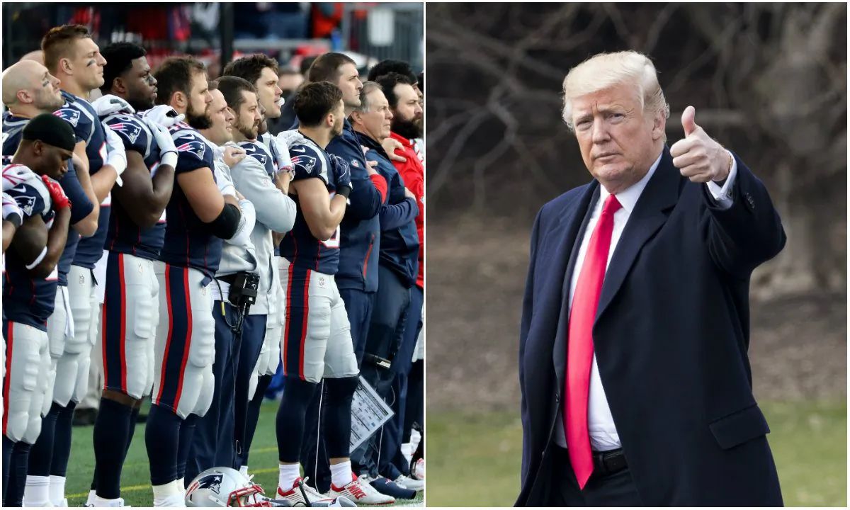 L: Members of the New England Patriots stand during the National Anthem before the AFC Championship Game against the Jacksonville Jaguars at Gillette Stadium in Foxborough, Mass., on Jan. 21, 2018. (Elsa/Getty Images); R: President Donald Trump in Washington, D.C., on Jan. 1, 2018. (Samira Bouaou/The Epoch Times)