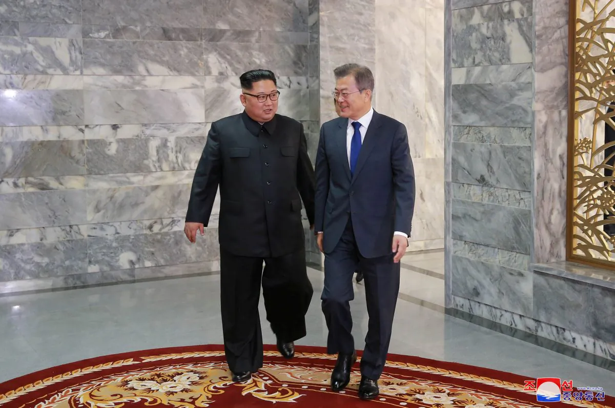South Korean President Moon Jae-In meets with North Korean leader Kim Jong-un during their summit at the truce village of Panmunjom, North Korea, in this handout picture released by North Korea's Korean Central News Agency on May 27, 2018. (KCNA/via Reuters)