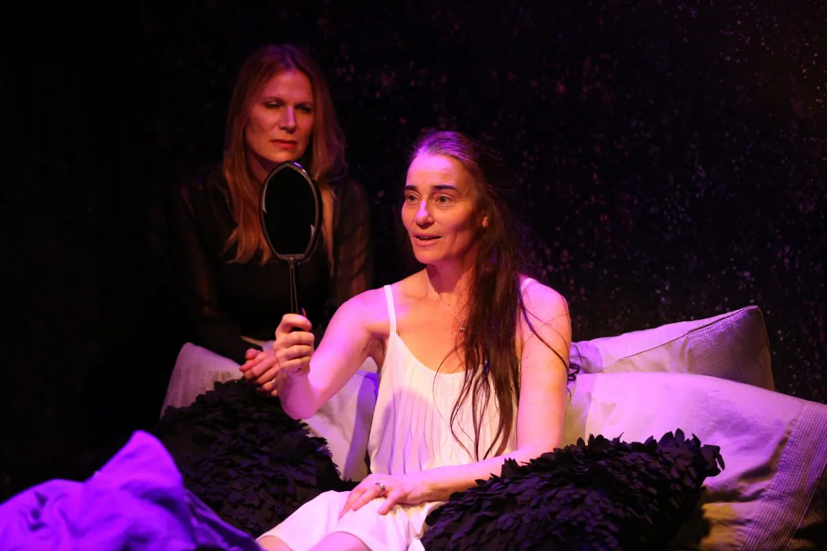 Stephanie Roth Haberle (L) as Woman and Pamela J. Gray as Scarecrow, in Marina Carr’s “Woman and Scarecrow,” at Irish Repertory Theatre. (Carol Rosegg)