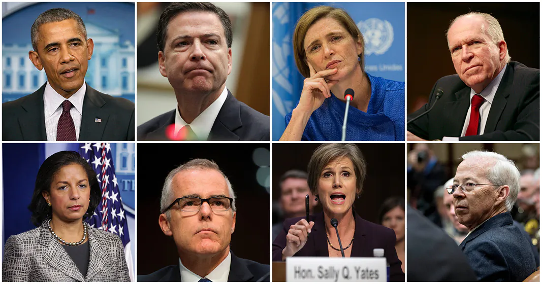 (L–R) Former President Barack Obama, former FBI Director James Comey, former U.S. Ambassador to the U.N. Samantha Power, former CIA
Director John Brennan, former national security adviser Susan Rice, former Deputy FBI Director Andrew McCabe, former Deputy Attorney
General Sally Yates, and former Deputy Attorney General Dana Boente. (Getty Images)
