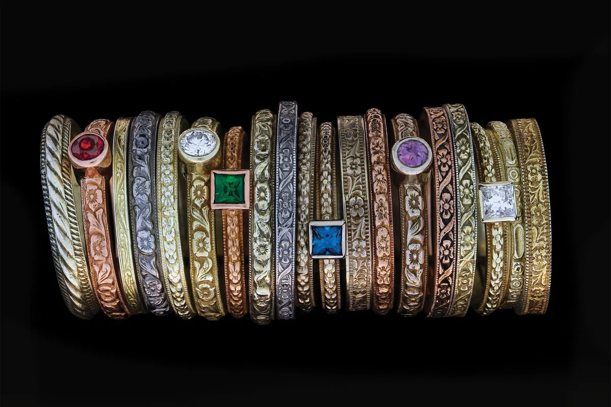 A stack of rings made by Hugo Kohl using recovered hubs and the traditional methods of jewelry making. (Courtesy of Hugo Kohl) 