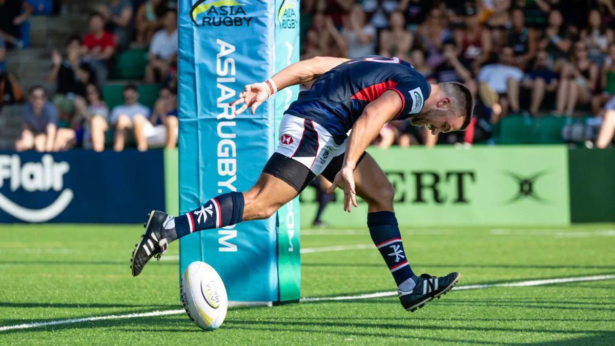 Hong Kong’s Liam Slatem (scrum half) places under the posts for HKs second try of the Asia Rugby Championship match at Hong Kong Football Club on June 2, 2018. (Dan Marchant)