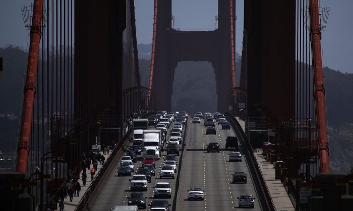 Northbound traffic is shown on the Golden Gate Bridge in Sausalito, California on May 1, 2018.  (Justin Sullivan/Getty Images)