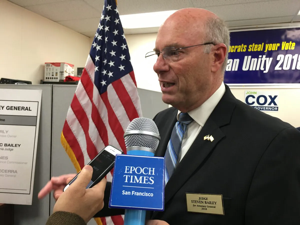 Steven Bailey, Republican attorney general candidate, speaks after a press conference co-hosted by Bailey and gubernatorial candidate John Cox in Burlingame, Calif., on May 24, 2018.  (Steve Ispas/Epoch Times) 