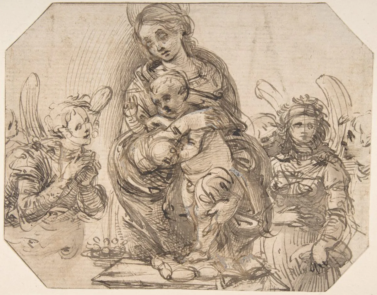 “Virgin and Child Attended by Angels,” attributed to Filippino Lippi (circa 1457–1504). Pen and brown ink, brush and brown wash, highlighted with white gouache. Rogers Fund, 1968. (The Metropolitan Museum of Art)