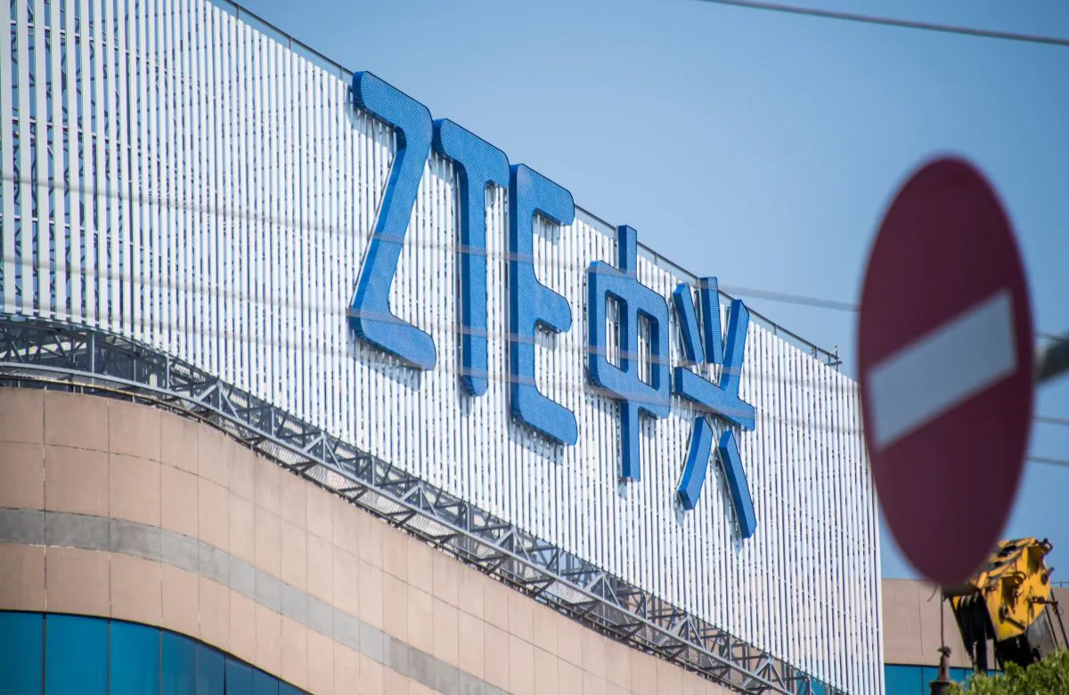 The ZTE logo is seen on an office building in Shanghai on May 3, 2018. (Johannes Eisele/AFP/Getty Images)