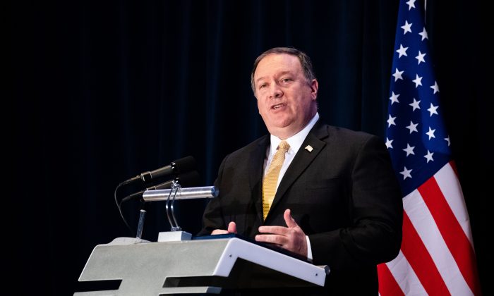 Secretary of State Mike Pompeo speaks to the media in Singapore on the eve of the summit between President Donald Trump and North Korean leader Kim Jong Un, on June 11, 2018. (Charlotte Cuthbertson/The Epoch Times)