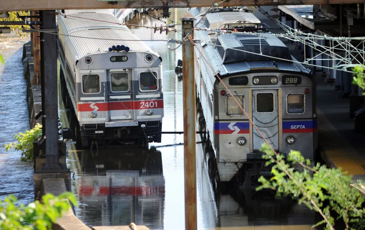 Trains remain idle at the Trenton Transit Center due to water on the tracks from Hurricane Irene on Aug. 29, 2011 in Trenton, New Jersey. (William Thomas Cain/Getty Images)