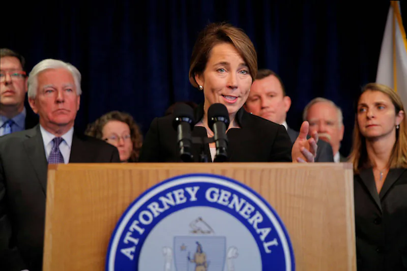 Massachusetts Attorney General Maura Healey announces the state will join a lawsuit challenging then President Donald Trump's executive order travel ban in Boston, Mass., on Jan. 31, 2017. (Brian Snyder/Reuters)