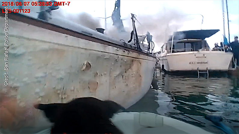 The head of the rescued dog pokes above the gunwales as the officer pushes off from the burning boat. (San Rafael Police Department screenshot)