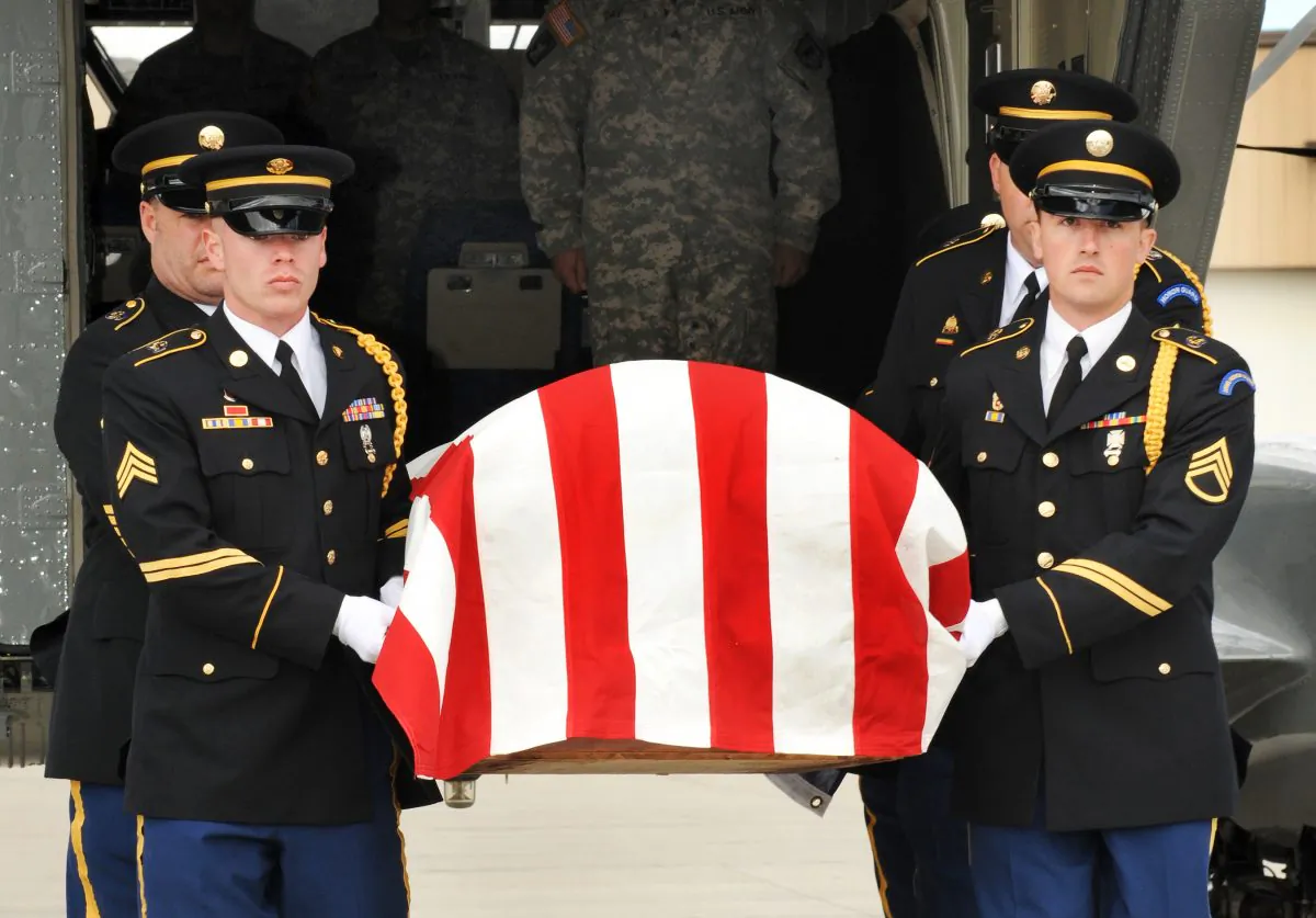 The South Dakota Army National Guard Military Funeral Honors Team transfers the remains of Sgt. 1st Class Arthur F. Jewett at Rapid City Regional Airport, S.D., Sept. 22, 2009. (Sgt. Lance Alan Schroeder/US Army Photo)