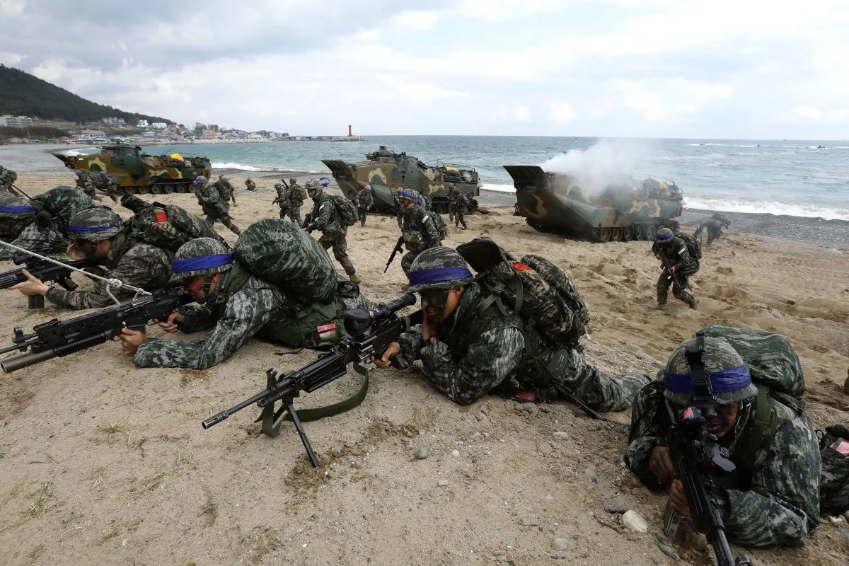 South Korean marines participate in a landing operation referred to as Foal Eagle joint military exercise with U.S, troops on the Pohang seashore on April 2, 2017 in Pohang, South Korea. (Chung Sung-Jun/Getty Images)