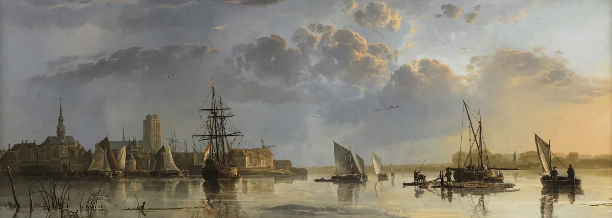 “View of Dordrecht,” circa 1655, by Aelbert Cuyp. Oil on canvas 32 7/8 inches by 81 1/2 inches. (National Trust Images/John Hammond)

