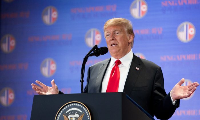President Donald Trump holds a press conference directly following the summit with North Korean leader Kim Jong Un on Santosa Island in Singapore on June 12, 2018. (Charlotte Cuthbertson/The Epoch Times)