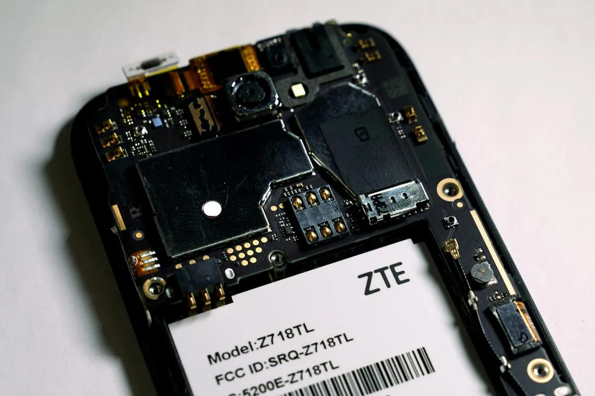 The inside of a ZTE smartphone, taken on April 17, 2018. (Carlo Allegri/Illustration/File Photo/Reuters)