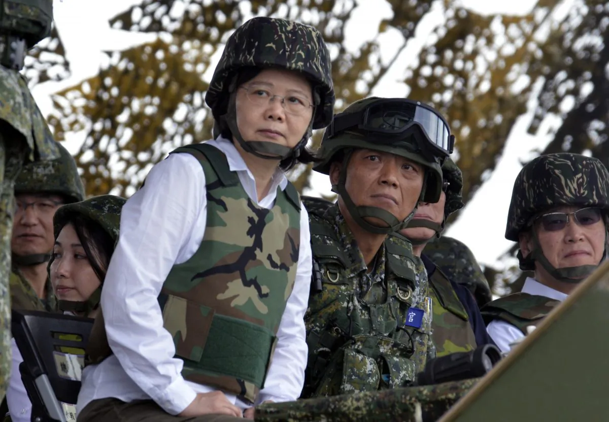 Taiwan’s President Tsai Ing-wen (C) watches during the 'Han Kuang’ military exercise, some 4 miles from the city of Magong on the outlying Penghu islands on May 25, 2017. (Sam Yeh/AFP/Getty Images)